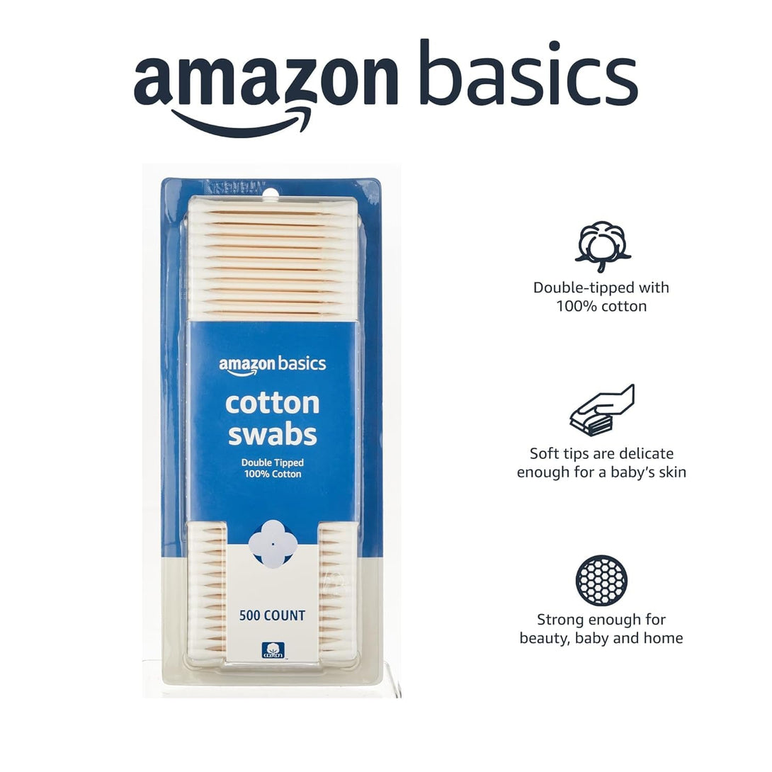 Amazon Basics Cotton Swabs for Personal Hygiene and Baby Care, 2000 Count, 4 Pack of 500 Count