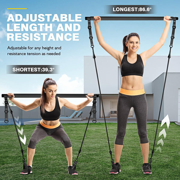 Pilates Bar Kit with Resistance Bands, Workout Equipment for Legs, Hip, Waist, Arm, Squats Exercise Equipment for Home Workouts, Adjustable
