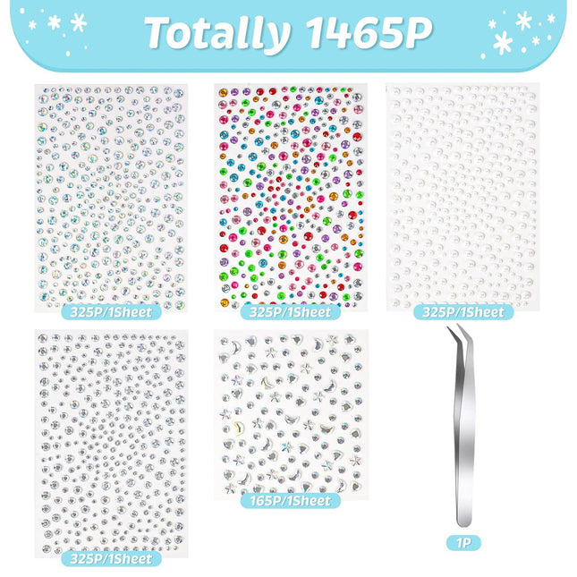 Vivinin 1465P Face Gems, Self-Adhesive Hair Gems, 5 Different Types of Face Rhin