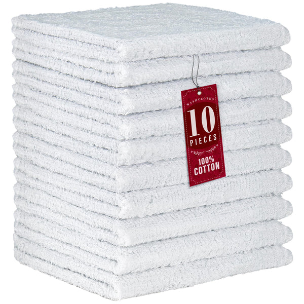 DecorRack 10 Pack 100% Cotton Wash Cloth, Luxurious Soft, 12 x 12 inch Ultra Absorbent, Machine Washable Premium Quality Washcloths, White (10