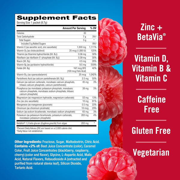 Emergen-C Immune+ Triple Action Immune Support Powder, Betavia (R), 1000Mg Vitamin C, B Vitamins, Vitamin D and Antioxidants, Raspberry â 30 Count