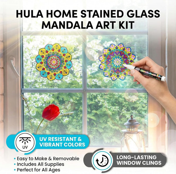 Hula Home Stained Glass Mandala Art Kit - DIY Window Clings with Markers, 10 Suncatchers - Perfect Hobby for Adults, Kids, Teens & Seniors - Ideal