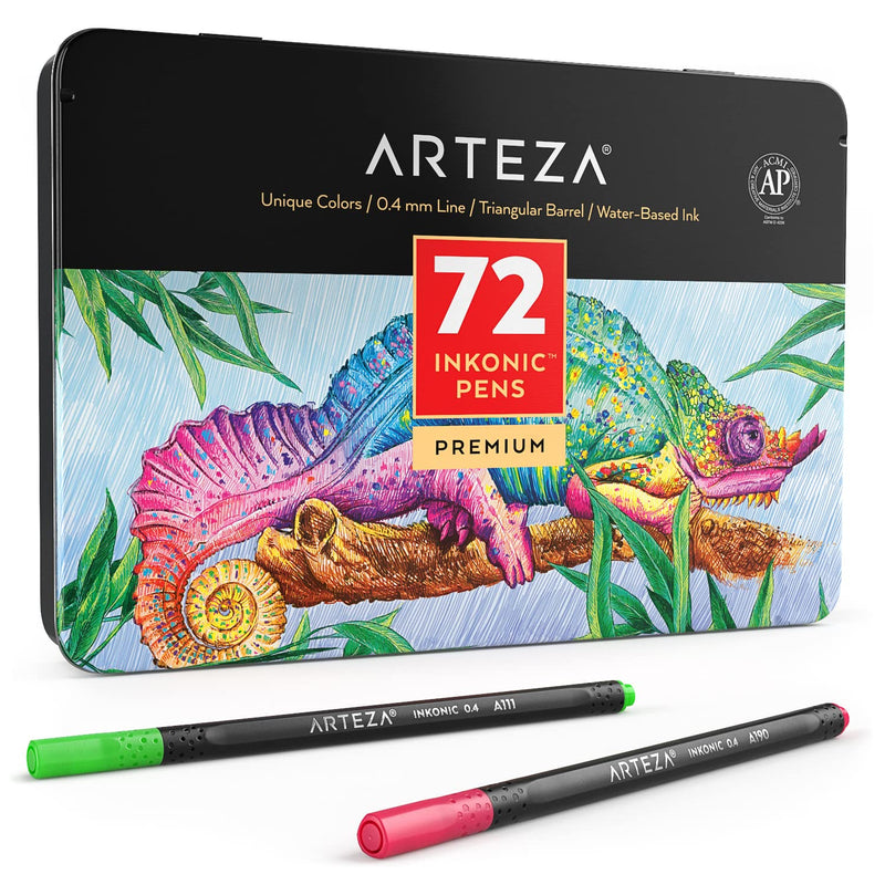 ARTEZA Inkonic Fineliners Pens, Set of 72, 0.4 mm Fine Tip Markers, Water-Based Art Pens for Drawing, Sketching, Journaling, Calligraphy 1 Count