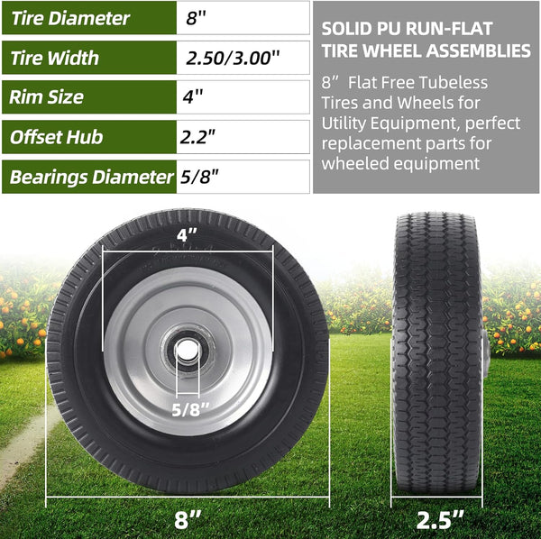 AR-PRO (2-Pack) 8-Inch Solid Wheel Replacement - 2.50-4" Flat Free Tire and Wheel with 5/8 Extra 3/4 Bearings and 2.2" Offset Hub - Compatible