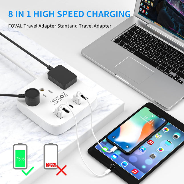 European Travel Plug Adapter, FOVAL EU UK US Power Strip with USB C and 4 USB Ports, 3 AC Outlets, Wall Mountable, 5Ft E