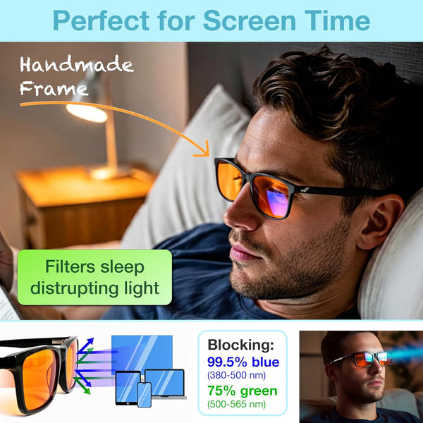 Orange Blue Light Blocking Glasses for Better Sleep - 99.5% Premium Acetate Computer Migraine Glasses for Women & Men - Amber Gaming Glasses - TV