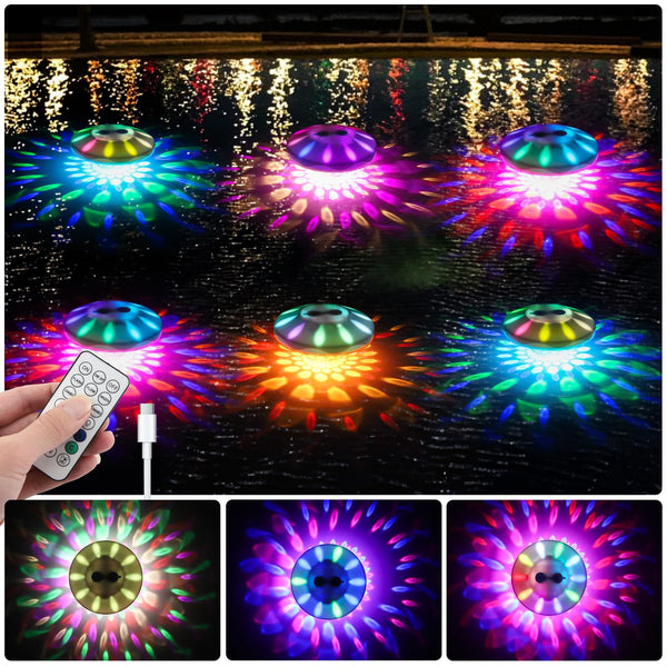 Floating Pool Lights with 6 Dynamic Lighting Effects, IP68 Waterproof, Rechargeable RGB Upper and Lower Color Changing for Inground Pools - 6 Pack