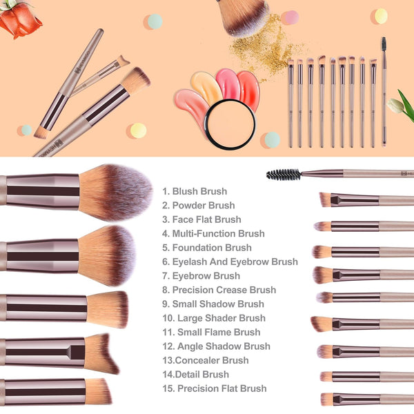 HEYMKGO Makeup Brushes 15PCS Champagne Gold Professional Makeup Brush Set Foundation Brush Blending Powder Blush Concealer Eye Make up Brush with Bag