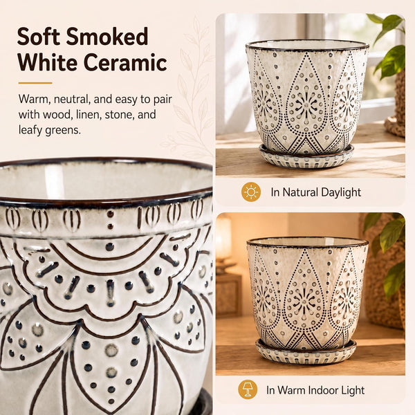 Gepege 6 Inch Beaded Ceramic Planter Set of 2 with Drainage Hole and Saucer for Plants, Indoor-Outdoor Large Round Succulent Orchid Flower Pot