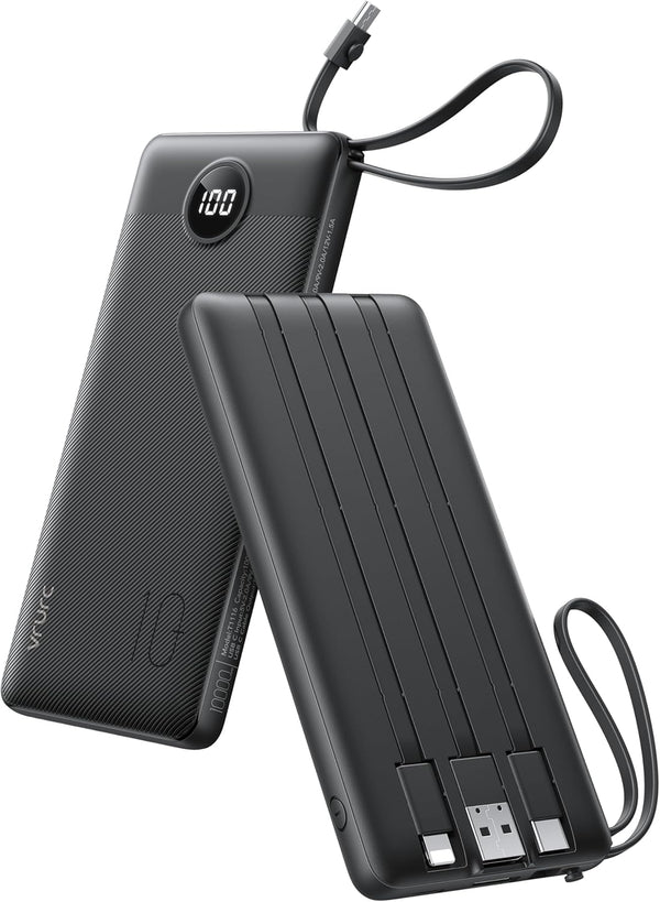 VRURC Portable Charger with Built in Cables, 10000Mah Travel Essentials Power Bank, 5 Output 2 Input LED Display External Battery Pack Compatible
