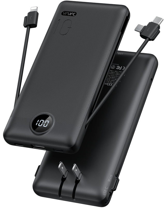VRURC Portable Charger Built-In Cables and AC Wall Plug, USB C Power Bank 10000Mah, Travel Essentials Phone Charger Comp