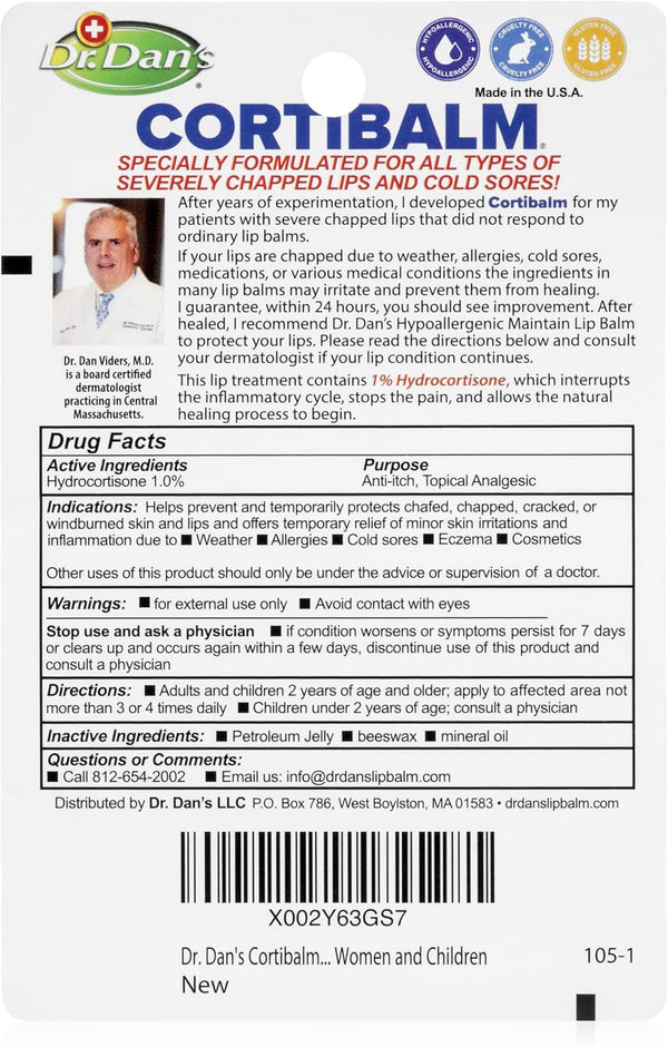 Dr. Dan's Cortibalm - 1 Pack - for Dry Cracked Lips - Healing Lip Balm for Severely Chapped Lips - Designed for Men, Women and Children 1 Count