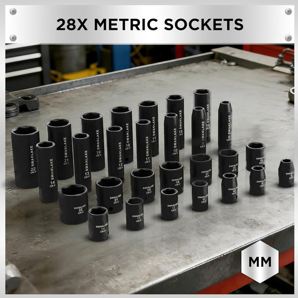 SWANLAKE 3/8" Drive Impact Socket Set, 50-Piece Standard SAE (5/16 to 3/4 Inch) and Metric (8-22Mm) Size, 6 Point, Cr-V, 3/8-Inch Ratchet Handle,