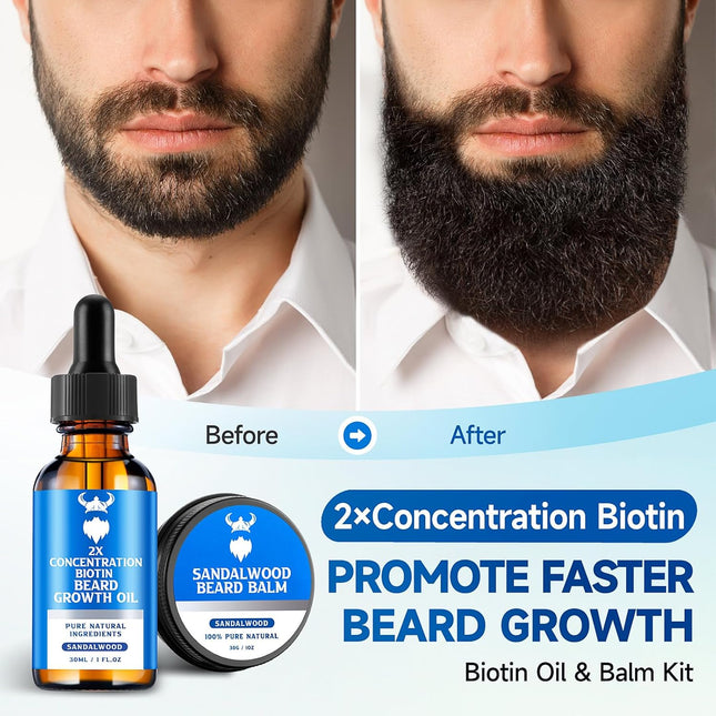 Beard Growth Oil & Beard Balm - Beard Growth Kit with 2X Concentration Biotin fo