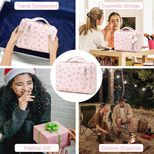 Bluboon Makeup Bag Zipper Pouch Travel Toiletry Bag Portable Cosmetic Bag Organizer for Women and Girls(Strawberry Corduroy Beige) Beige