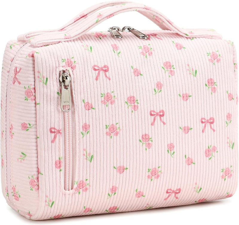 Bluboon Makeup Bag Zipper Pouch Travel Toiletry Bag Portable Cosmetic Bag Organizer for Women and Girls(Strawberry Corduroy Beige) Beige