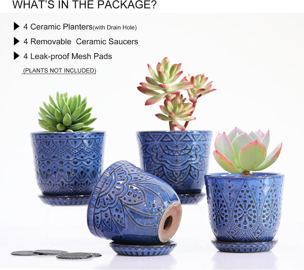 Gepege Succulent Pots, 4 Inch Small Indoor Ceramic Planter Pot with Drainage Holes and Saucers for Plants- Blue - Set of 4 4 Inch - Set of 4 Blue