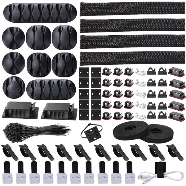 N NOROCME Cord Management Organizer Kit 4 Cable Sleeve Split with 41Self Adhesive Clips Holder, 10Pcs and 2 Roll Self Tie 100 Fastening Ties for