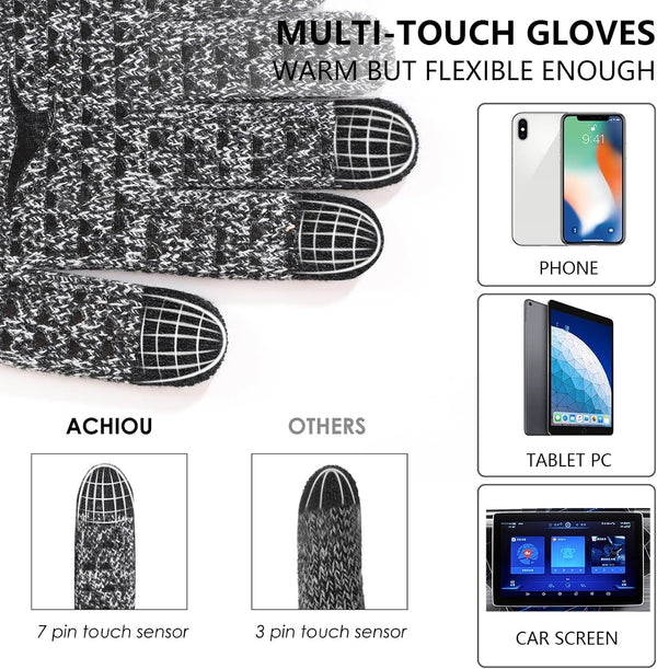 Achiou Winter Gloves for Men Women, 2 Pairs Touch Screen Texting Warm Running Gloves Thermal Soft Knit Lining, Elastic Cuff 1 Black/1 Black &
