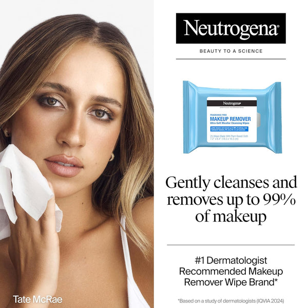 Neutrogena Fragrance-Free Makeup Remover Wipes, Daily Facial Cleanser Towelettes, Gently Removes Oil & Makeup, Alcohol-Free Makeup Wipes, 25 Ct