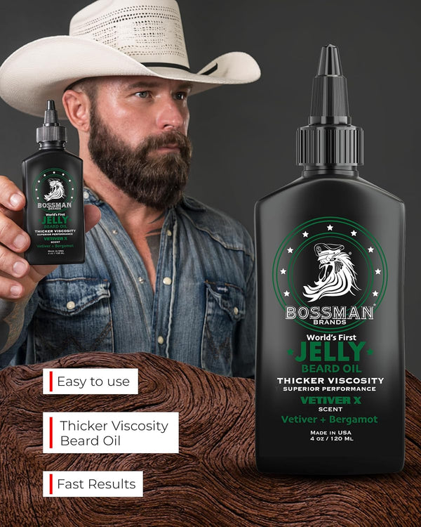 Bossman Jelly Beard Oil for Men (4 Oz, Vetiver X Scent) â Softens, Moisturizes & Conditions with Natural Ingredients
