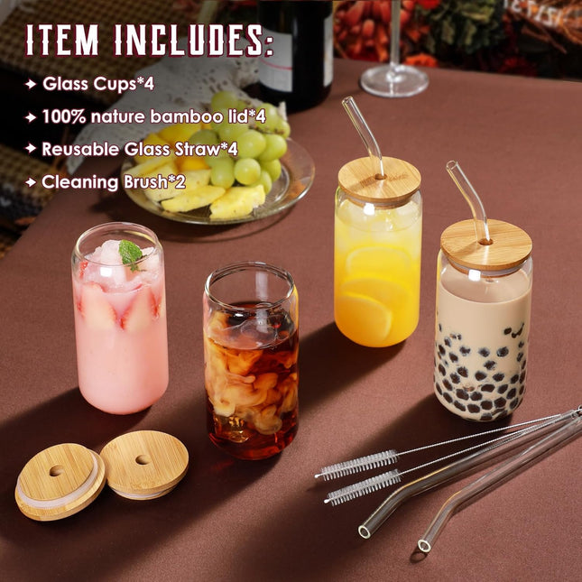 Drinking Glasses with Bamboo Lids and Glass Straw 4pcs Set - 16oz Glass Cups, Iced Coffee Glasses, Cute iced Tea Glasses