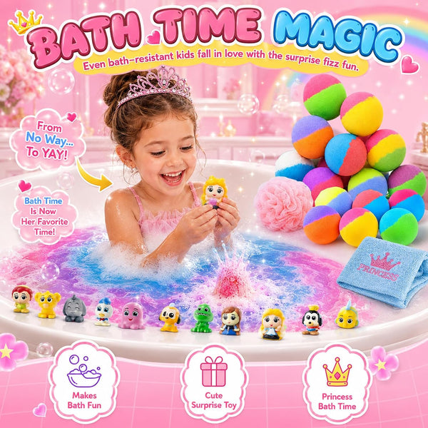 Bath Bombs for Kids: 12 Pcs Princess Bath Bombs with Toys Inside, Kids Bath Bomb Rich in Natural Essential Oils, Organic Bath Bomb Gift Set for
