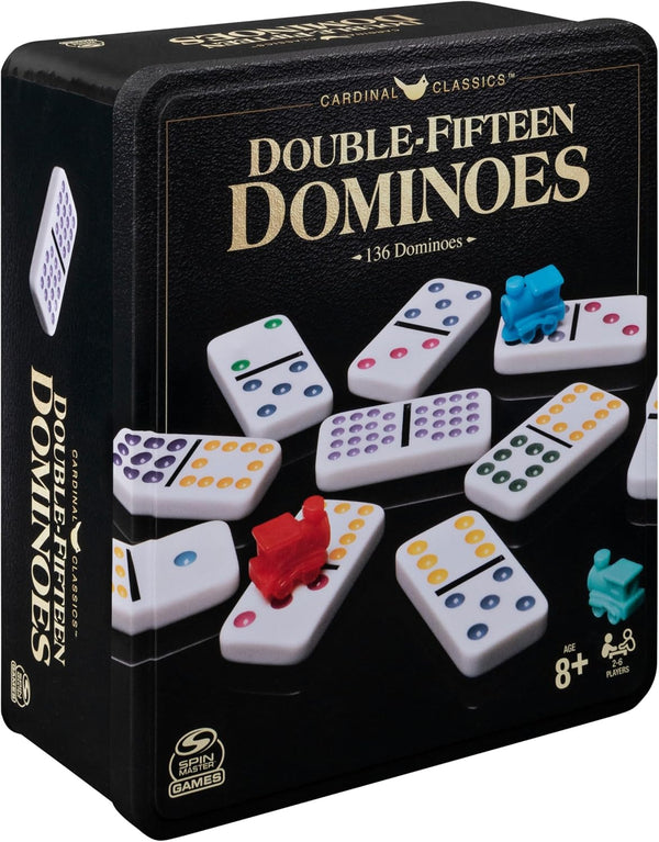 Spin Master Games Double 15 Dominoes Set in Storage Tin Classic Tile Game Multi Color
