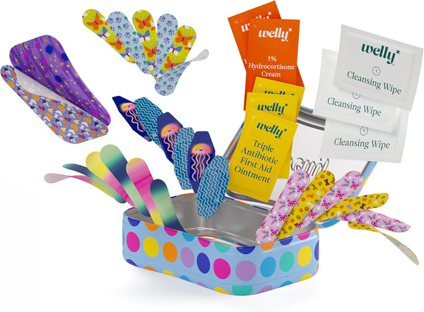 Welly First Aid Kit - Adhesive Bandages in Flexible Fabric and Waterproof, Singe Use Ointments (Triple Antibiotic, Cleansing Wipes and