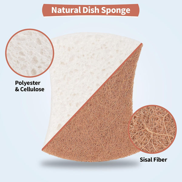 Natural Dish Sponge 24 Pack, Non-Scratch Scrub Sponge, Eco Multipurpose Kitchen Sisal Fiber Cellulose Sponge, Odor-Less Dual-Sided for Dish
