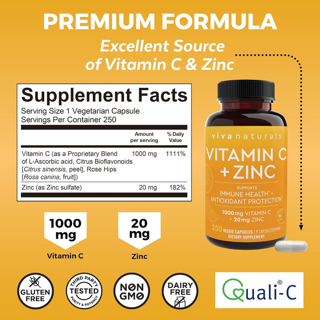Viva Naturals Vitamin C and Zinc Supplement (250 Capsules) - 1000 Mg Vitamin C w