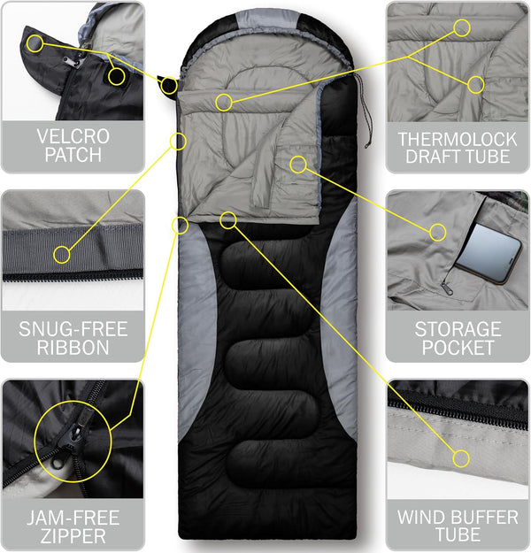 0 Degree Winter Sleeping Bags for Adults Camping (450GSM) - Temp Range (5F–32F) Portable Waterproof Compression Sack- Camping Sleeping Bags for