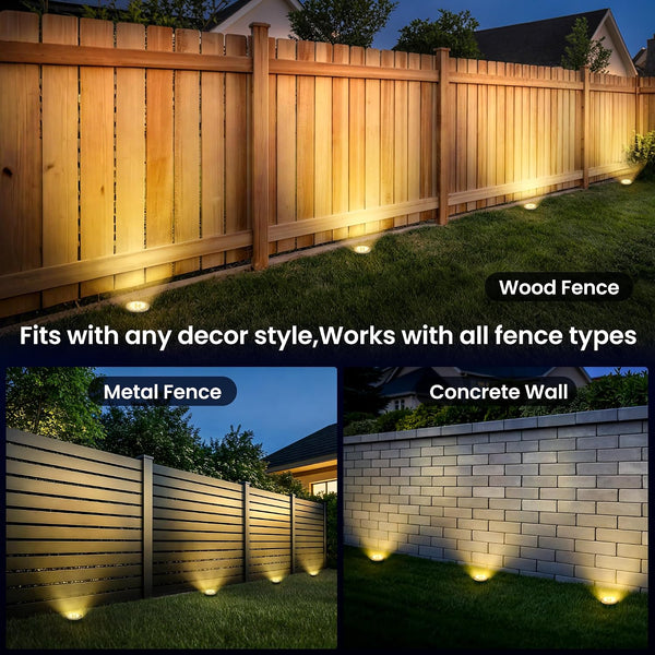 GIGALUMI Solar Ground Lights - No-Drill Fence Lighting Solution, Waterproof Perimeter Lights Compatible with Wood, Metal & Concrete Fences (12