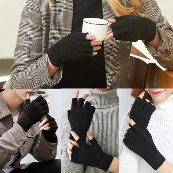 monochef Fingerless Gloves Half Finger Winter Warm Knit Thermal Working Running Biking Driving Typing Men Women Black Black 2 Pairs