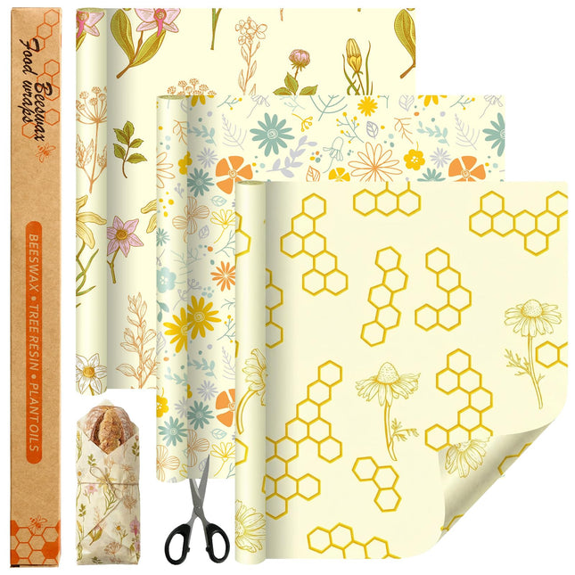 3 Rolls Reusable Beeswax Food Wraps 13'' X 59'' Eco Friendly Sustainable Beeswax Food Storage Wrap Honeycomb Floral Orga