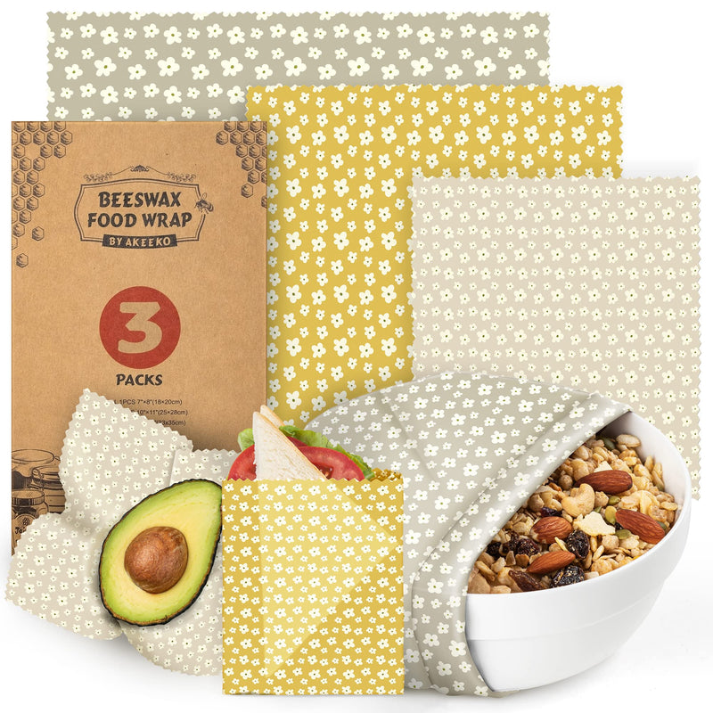 Akeeko Reusable Beeswax Food Wraps - Assorted 3 Packs, Reusable, Plastic-Free Food Storage, 1 Small, 1 Medium, 1 Large Wraps, Dusty Yellow Pattern
