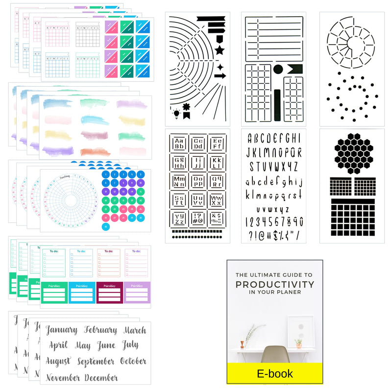 Ultimate Productivity Stencils & Stickers - X20 Sheets of Planner Stickers, X6 Stencils - Calendars, to Do Lists, Habit Trackers, Goals -