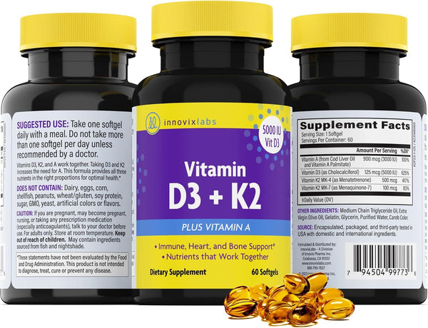 InnovixLabs Vitamin D3 K2-5000 IU Vitamin D3 Plus 600 mcg Vitamin K2 MK4 and MK7 for Max Calcium Absorption, Supports Bone, Immune, Heart Health,