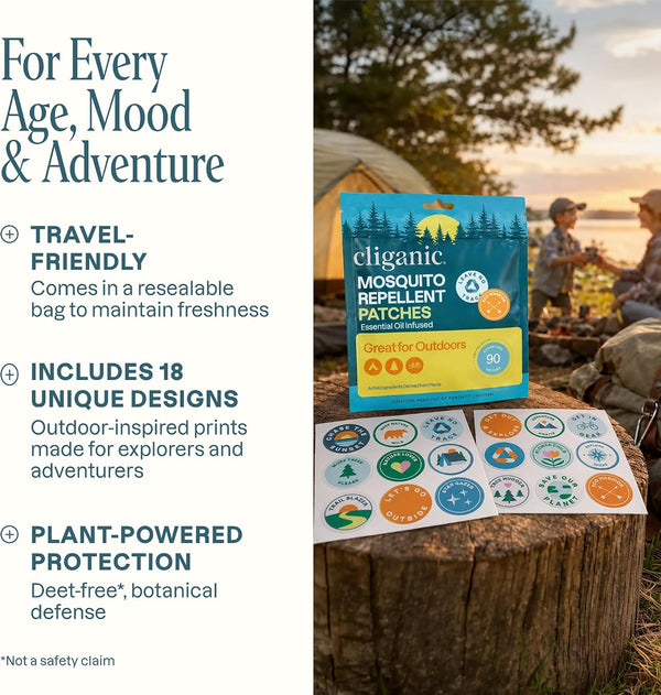 Cliganic Mosquito Repellent Stickers (90 Pack) - Camping Patches for Kids & Adults, Natural DEET-Free, Essential Oil Infused 90 Count (Pack of 1)