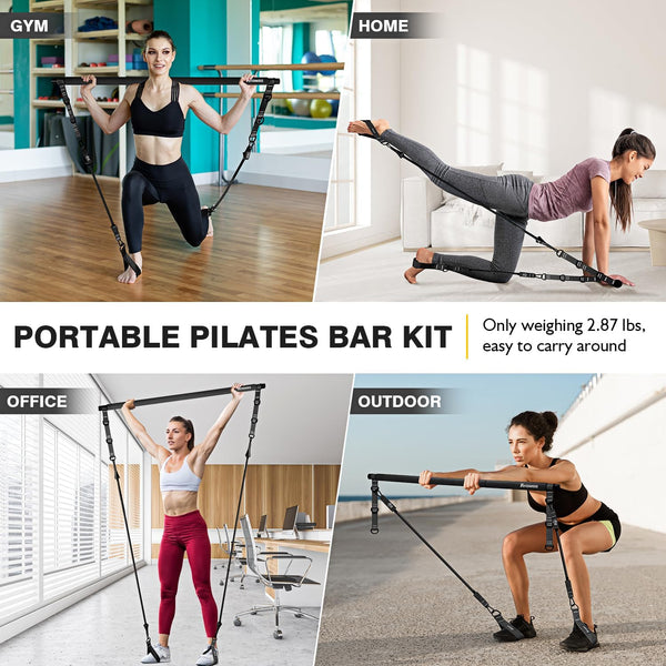 Pilates Bar Kit with Resistance Bands, Workout Equipment for Legs, Hip, Waist, Arm, Squats Exercise Equipment for Home Workouts, Adjustable