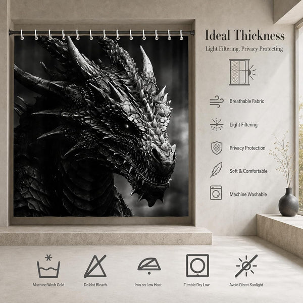 Dragon Shower Curtain for Bathroom, Black and White Boho Shower Curtain Set, Animal Fabric Modern Waterproof Bathroom Decor with 12 Hooks 72x72in