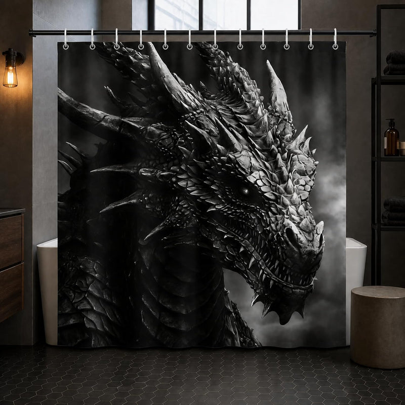 Dragon Shower Curtain for Bathroom, Black and White Boho Shower Curtain Set, Animal Fabric Modern Waterproof Bathroom Decor with 12 Hooks 72x72in