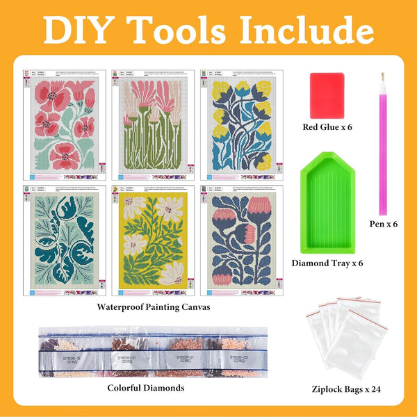 6 Pack Diamond Art Kits for Adults Flower, DIY 5D Diamond Painting Kit for Beginners Floral, Full Round Drill Gem Art Dots for Adults, Perfect for