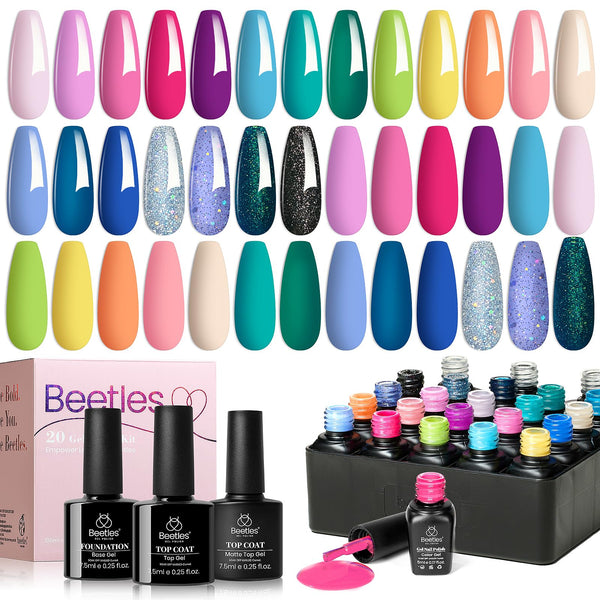 Beetles Gel Nail Polish Set- 23Pcs Summer Color Gel Polish with Base Gel Top Coat Bright Colors, Gel Polish Kit Blue Pink Purple Orange Green