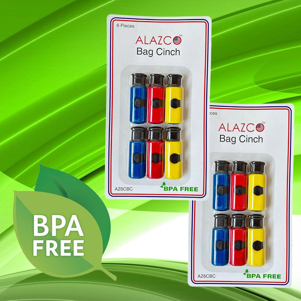 12pc BPA-Free Premium Quality ALAZCO Bag Clips - Value Set Food Fruit Bread Bag Cinch Non-Slip Grip EASY Squeeze & Lock 12pc Bread Bag Cinch Clip