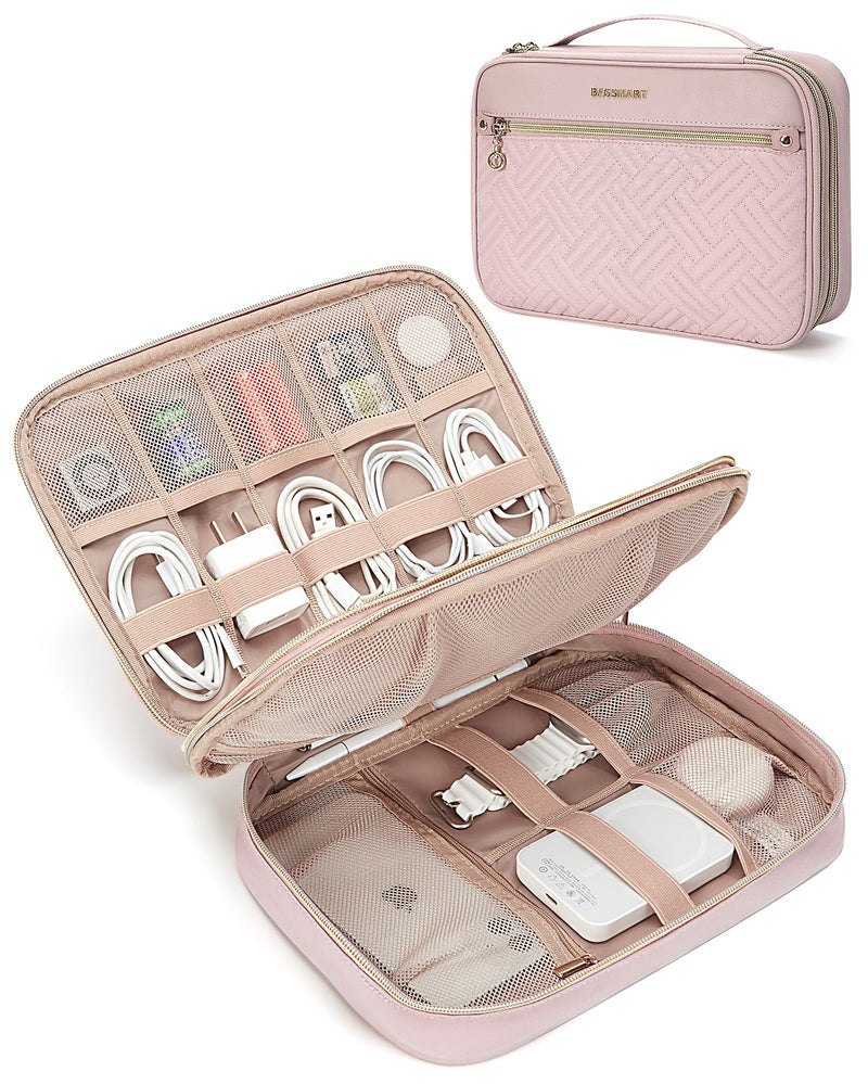 BAGSMART Electronic Organizer Case - Double Layer Cord and Tech Travel Organizer Bag for Charging Cables, Pink