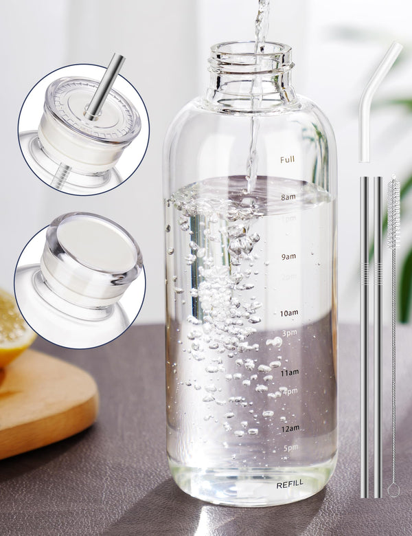 NiHome 25oz/750ml Clear Glass Water Bottle with 2 Caps & Stainless-Steel Straw, Temperature Resistant Durable High Borosilicate Glass Drinkware