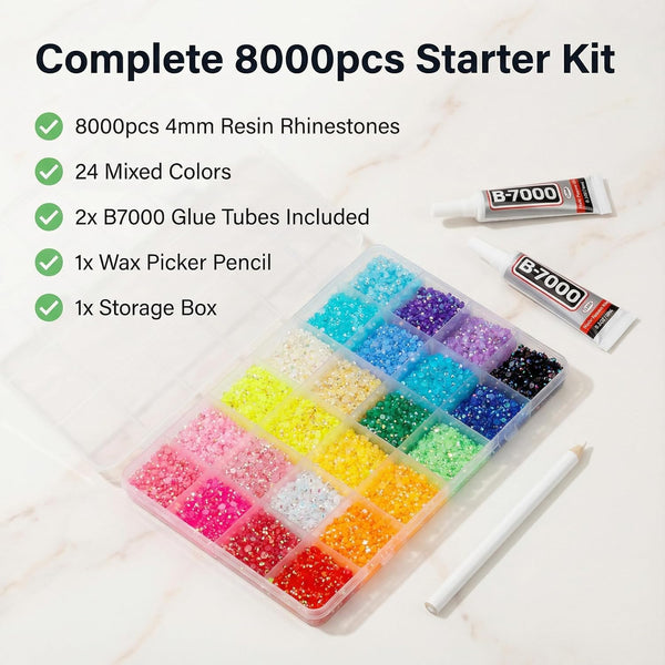 8000PCS 4MM 24 Colors Rhinestones for Bedazzling, Non-Silver Back Jelly AB Flatback Resin Rhinestones Kit with Glue, Bedazzler Kit with Crystals