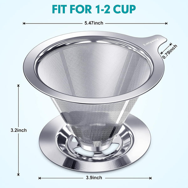 Laiyeoy Pour Over Coffee Dripper, Slow Drip Paperless Coffee Filter, Stainless Steel Pour Over Coffee Maker for Single Cup Brew, Double Mesh