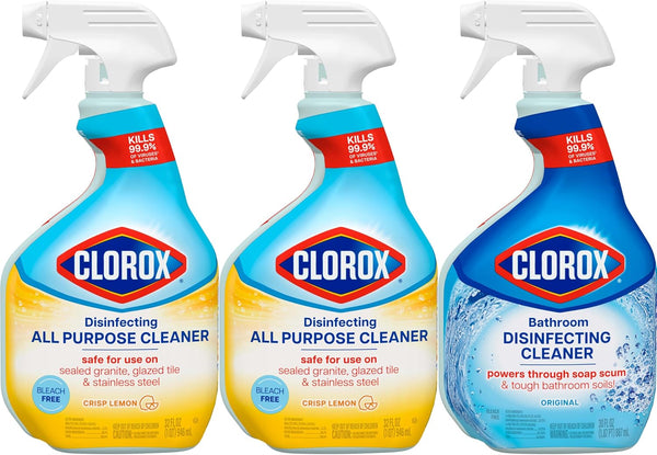 Clorox Disinfecting All-Purpose Cleaner, 32 fl. Oz., and Bathroom Cleaner, Bleach Free, Household Essentials, Cleans Dirt and Grime Off Most